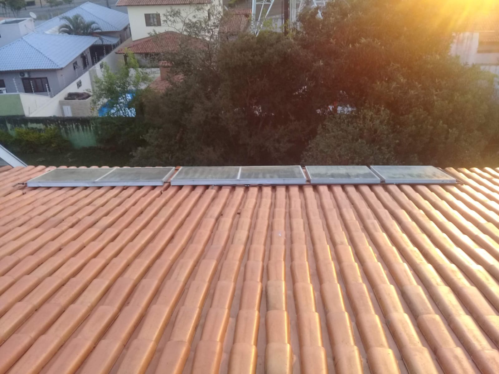 Telhado residencial de cerâmica laranja recém-lavado, com vizinhança e árvores ao fundo mostrando o resultado impecável do serviço.